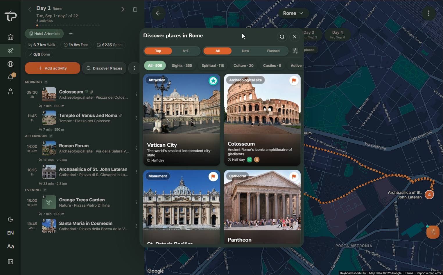 Discovering ranked places in Rome on the desktop itinerary