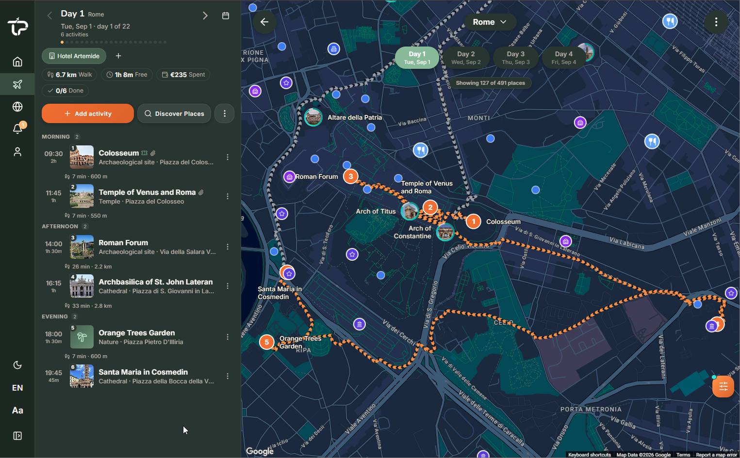 The TripProf itinerary on desktop - day list beside the live route map