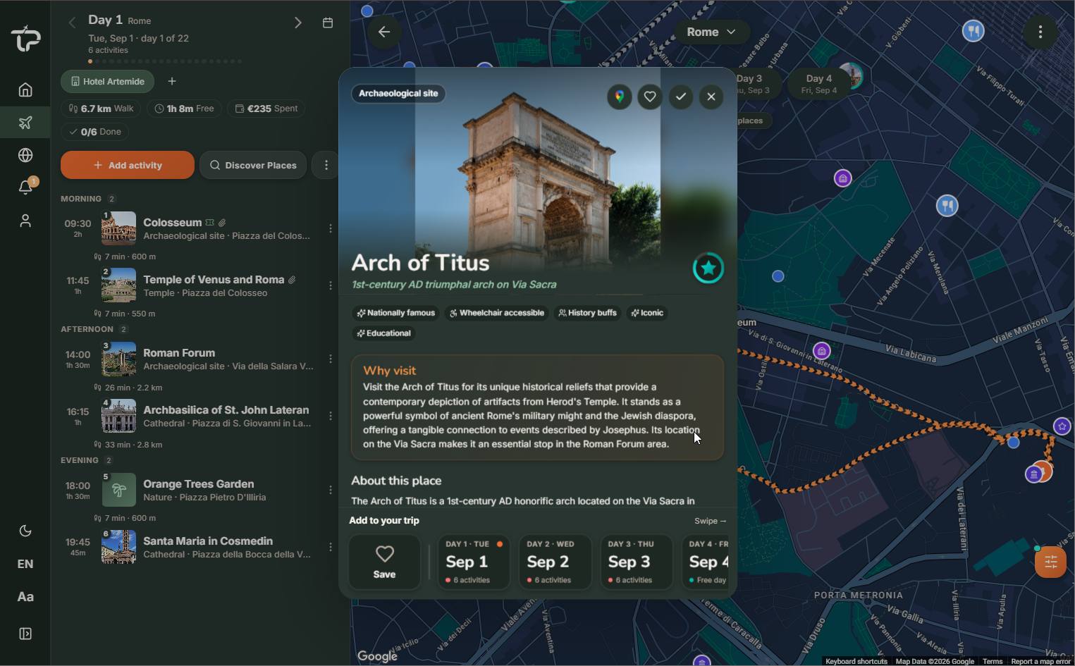 A place’s details - why visit, tags, and add-to-day - on desktop